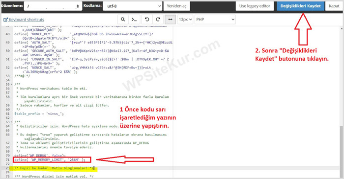 wp-config.php Kod Yapıştırma ve Kaydedip Çıkma